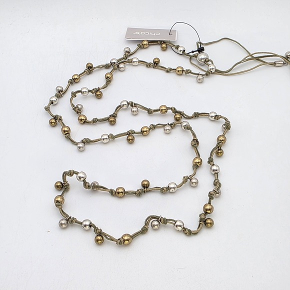 New! CHICO'S Besar Long Necklace Brass Bead Green Cord Hand Tied 40" New W Tags - Picture 3 of 9